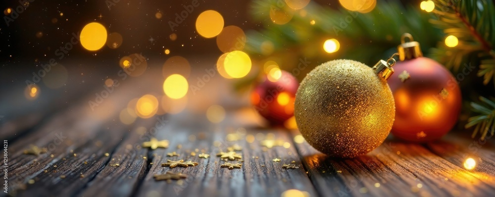 Fototapeta premium Glittering snowflakes dance around festive gold ornaments, glittery, snowflake, decoration