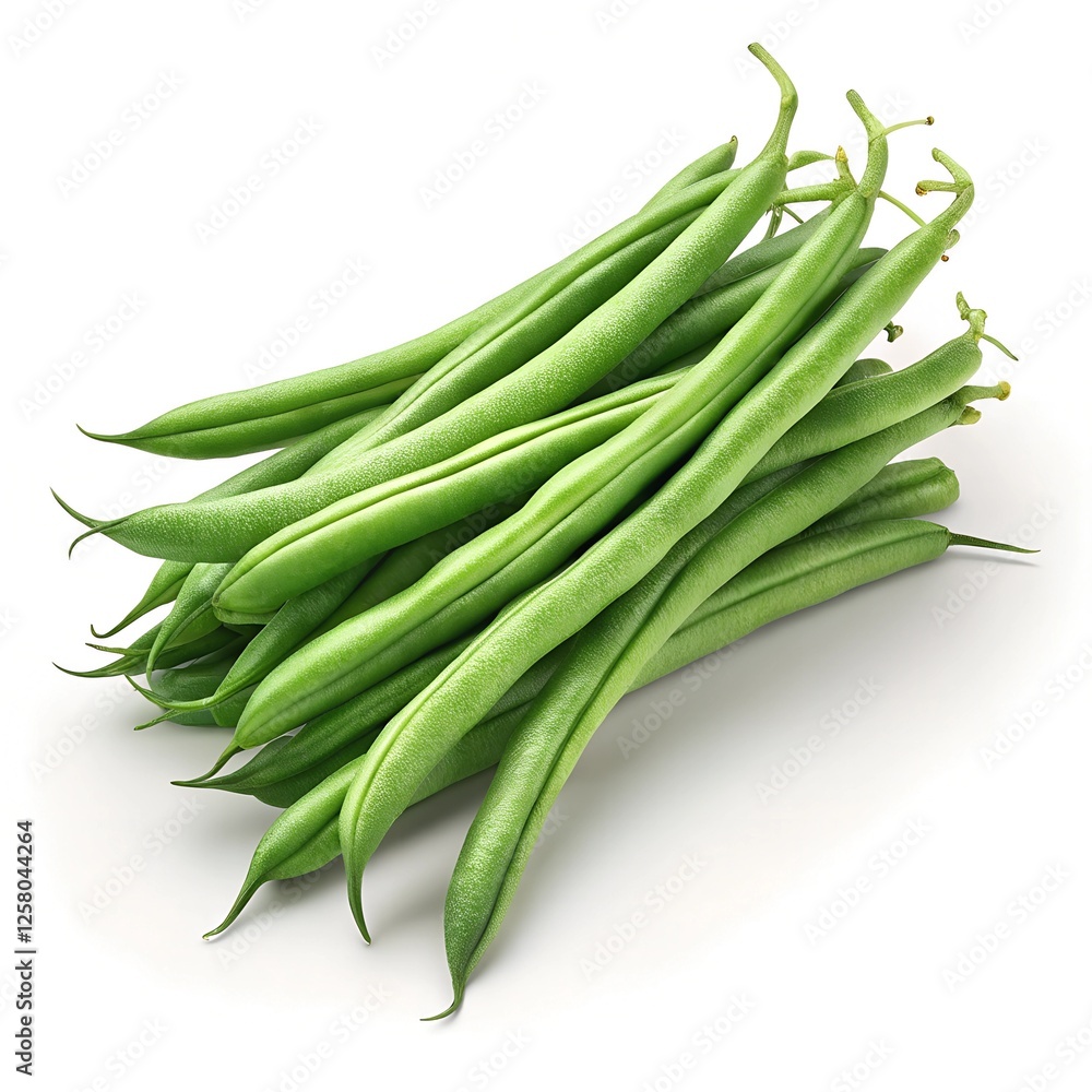 Ultra-Realistic Fresh Green Beans with Crisp Texture, Vivid Color, and Highly Detailed Surface on a Pure White Background Ultra-Realistic Fresh Green Beans with Crisp Texture, Vivid Color, and Highly Detailed Surface on a Pure White Background
