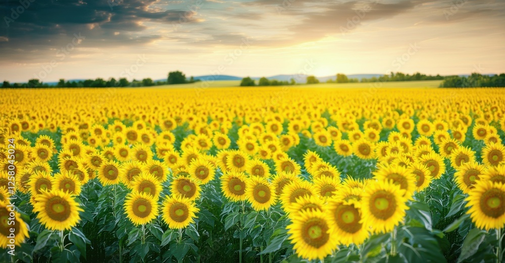 Obraz premium Endless sunflower field bathed in golden sunlight, stretching toward the horizon. Vibrant yellow petals contrast against lush green leaves, creating a warm, cheerful landscape