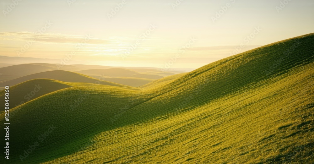Obraz premium Rolling green hills bathed in golden sunlight, stretching endlessly toward the horizon. Soft light highlights the curves of the landscape, creating a serene and warm atmosphere