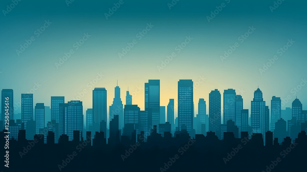 Fototapeta premium Stunning Cityscape Silhouette at Dawn, Urban Skyline Illustration