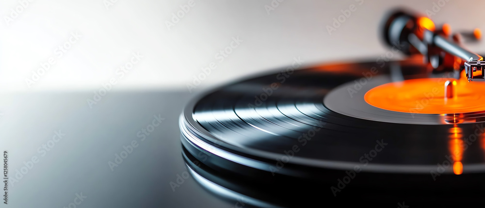 A close-up shot of a classic vinyl record on a turntable, illustrating the nostalgia of music. The vibrant orange label contrasts beautifully with the glossy black vinyl surface. A close-up shot of a classic vinyl record on a turntable, illustrating the nostalgia of music. The vibrant orange label contrasts beautifully with the glossy black vinyl surface.