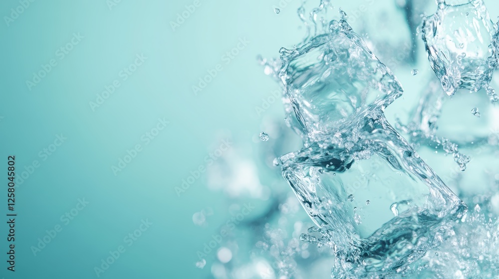 An artistic arrangement of ice cubes splashing in clear blue water, capturing the essence of refreshment and coolness, ideal for summer beverages or icy delights. An artistic arrangement of ice cubes splashing in clear blue water, capturing the essence of refreshment and coolness, ideal for summer beverages or icy delights.