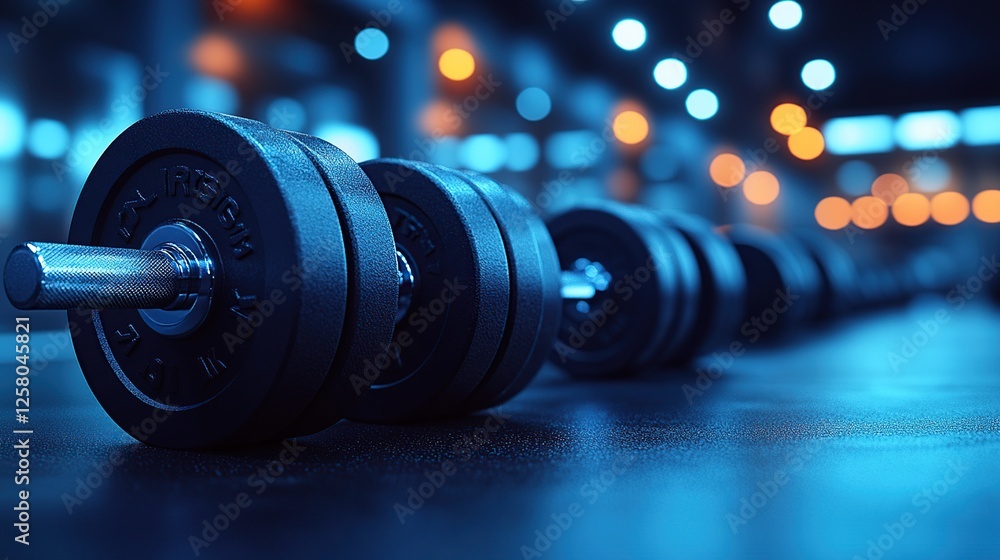Gym dumbbells row, fitness, night, workout, bokeh Gym dumbbells row, fitness, night, workout, bokeh