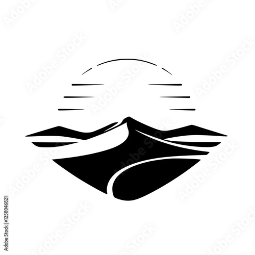 Silhouette of a sunlit mountain range over a desert landscape, with lines for a sun.