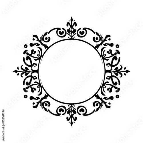 Elegant black and white circular floral frame in a design, frame with a central circle and decorative black outline.