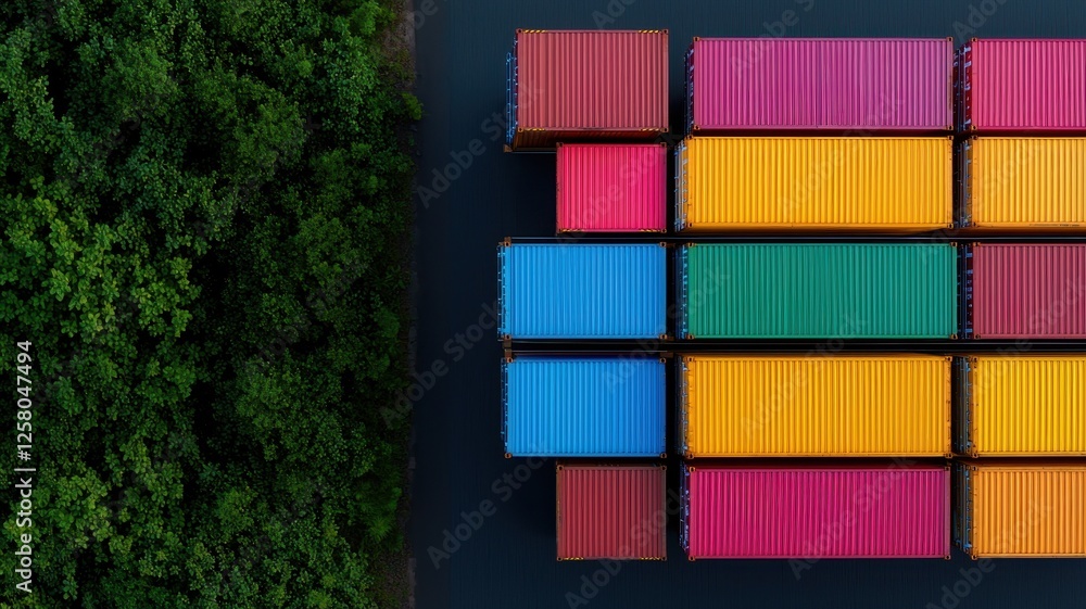 Obraz premium Aerial view of colorful shipping containers arranged near lush greenery, showcasing vibrant hues and organized stacking.