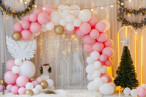Obraz na płótnie Elegant photo zone with white and pink balloon arch, angel wings, neon and golden elements, garland lights, and small Christmas tree. w salonie
