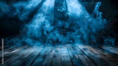 Mysterious Blue Smoke Wooden Floor Background
