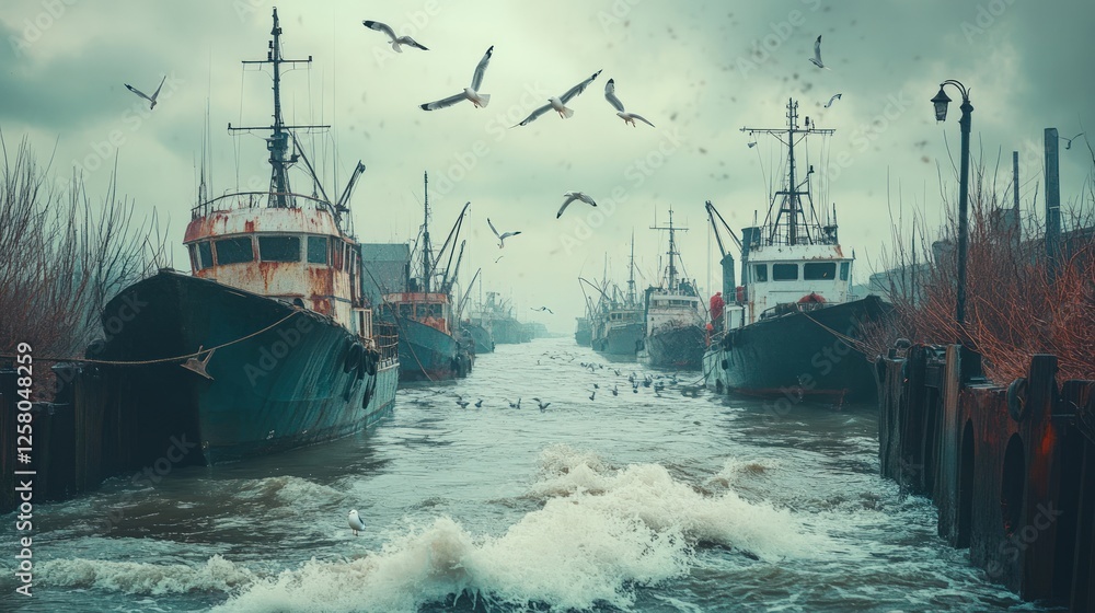Obraz premium Rustic fishing boats, stormy sea, flying birds.