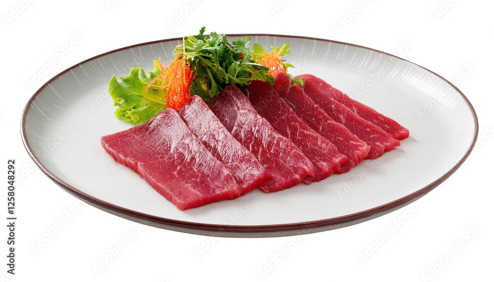 Sliced raw meat served on a plate with fresh greens, isolated on white background. Sliced raw meat served on a plate with fresh greens, isolated on white background.