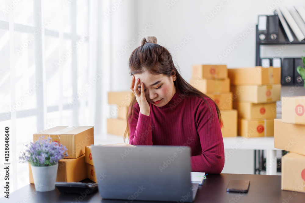 Small Business, Startup SME, Owner Entrepreneurs. Asian woman with unsuccess business online shopping crying and serious face unhappy mood,SME telemarket bankrupt stress concept. Small Business, Startup SME, Owner Entrepreneurs. Asian woman with unsuccess business online shopping crying and serious face unhappy mood,SME telemarket bankrupt stress concept.