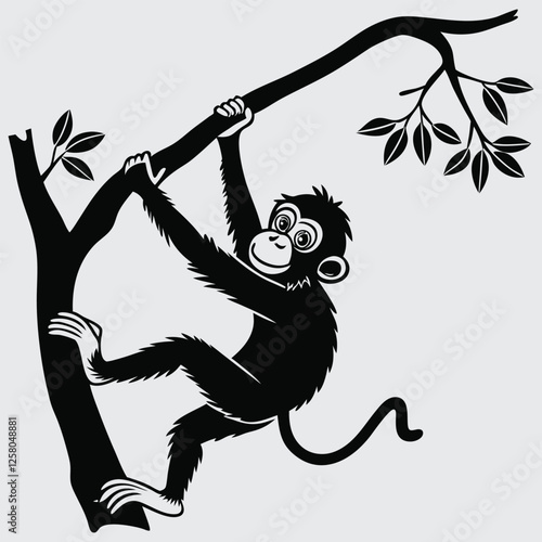 A monkey swinging from a tree branch silhouette design art with illustration