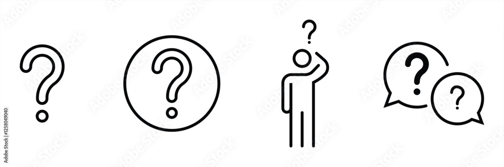 Set of Icons Featuring Question Marks, Asking, Problem and Inquiry Concepts in Outline Style Set of Icons Featuring Question Marks, Asking, Problem and Inquiry Concepts in Outline Style