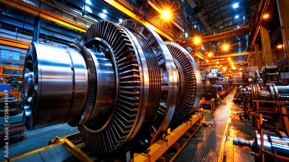 Massive steam turbine in factory, showcasing industrial machinery and engineering excellence Massive steam turbine in factory, showcasing industrial machinery and engineering excellence