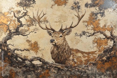 Majestic deer with impressive antlers against a textured natural backdrop