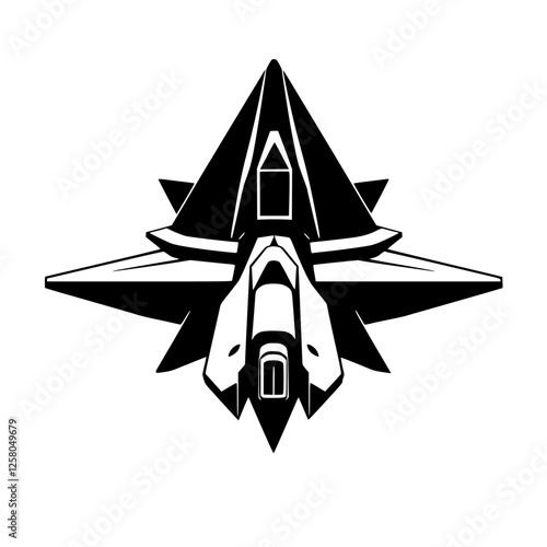 Fototapeta Spacecraft icon in black and white, featuring a stylized, geometric design of a spaceship, emphasizing sharp angles and futuristic aesthetics