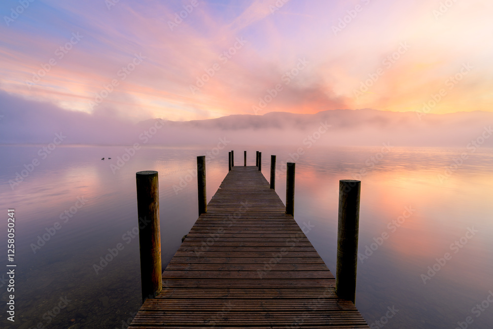 Wooden jetty on calm misty lake at sunrise, Derwentwater, Lake District, UK. Wooden jetty on calm misty lake at sunrise, Derwentwater, Lake District, UK.