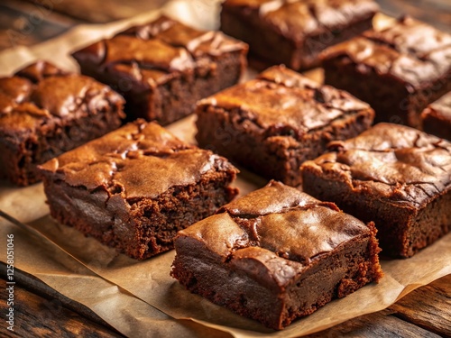 Delicious Homemade Chocolate Brownies, Top View, Square Pieces on Baking Paper