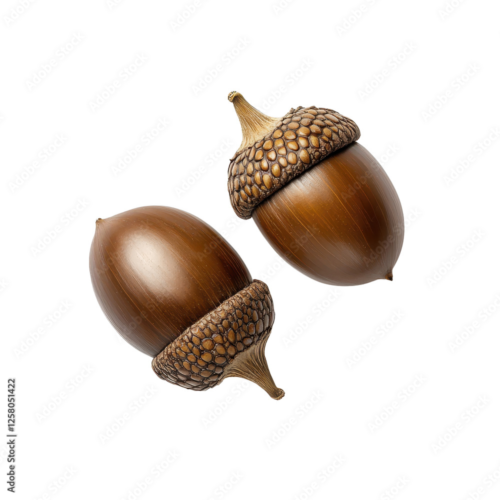 Two acorns with a detailed cap, isolated on a white background. Two acorns with a detailed cap, isolated on a white background.