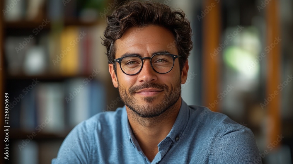 Smiling man, glasses, blue shirt, bookshelf background. Smiling man, glasses, blue shirt, bookshelf background.
