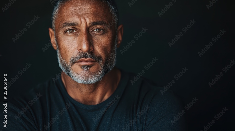 Fototapeta premium An artistic portrayal of a mature man with a serious expression, emphasizing his rugged appearance and charisma against a dark, moody background suitable for personal branding.