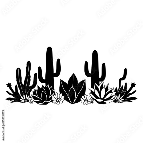 Silhouette of Cactus and Succulent Garden in Black and White.