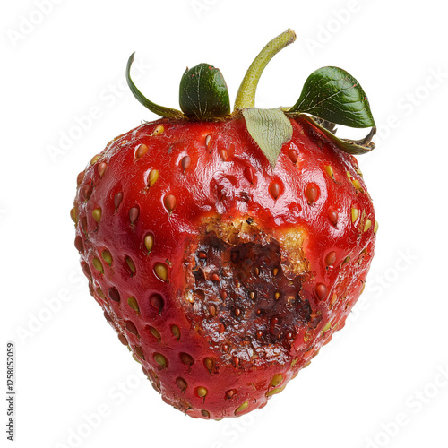 Spoiled Red Strawberry with Rotting Hole Close up Detail Shot, Transparent Background, Ai Generative Images