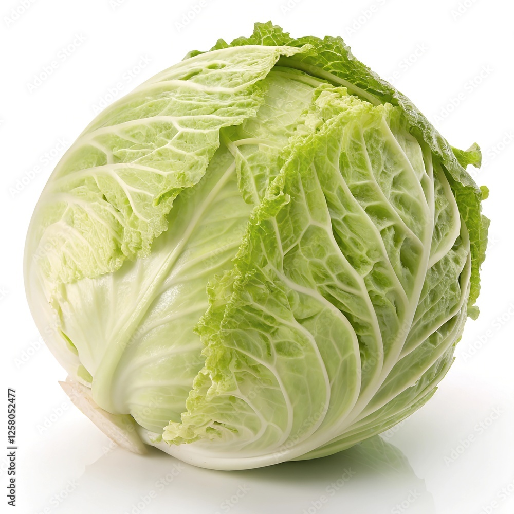 Fototapeta premium Ultra-Realistic Fresh Cabbage with Vibrant Green Leaves, Crisp Texture, and Highly Detailed Surface on a Pure White Background