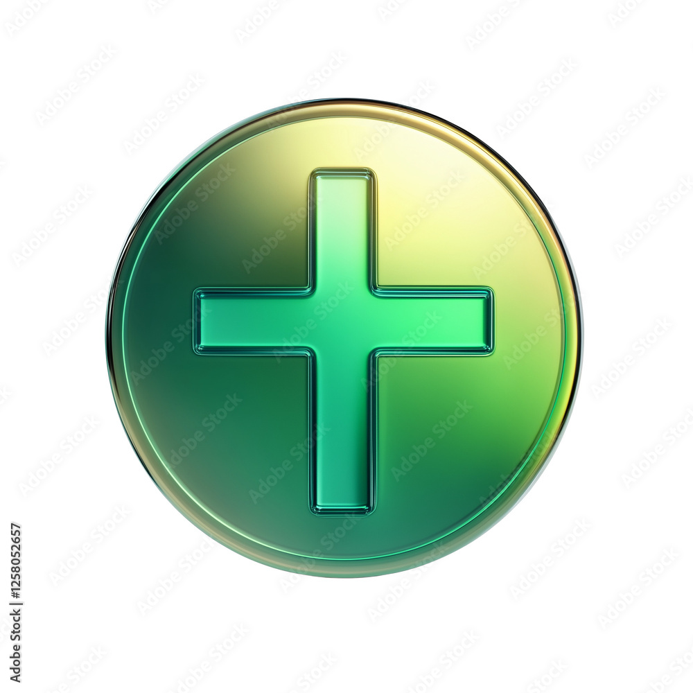 Fototapeta premium Shiny Green Cross Symbol on Golden Circular Button Digital Icon Religious Medical Plus Sign, Transparent Background, Ai Generative Images