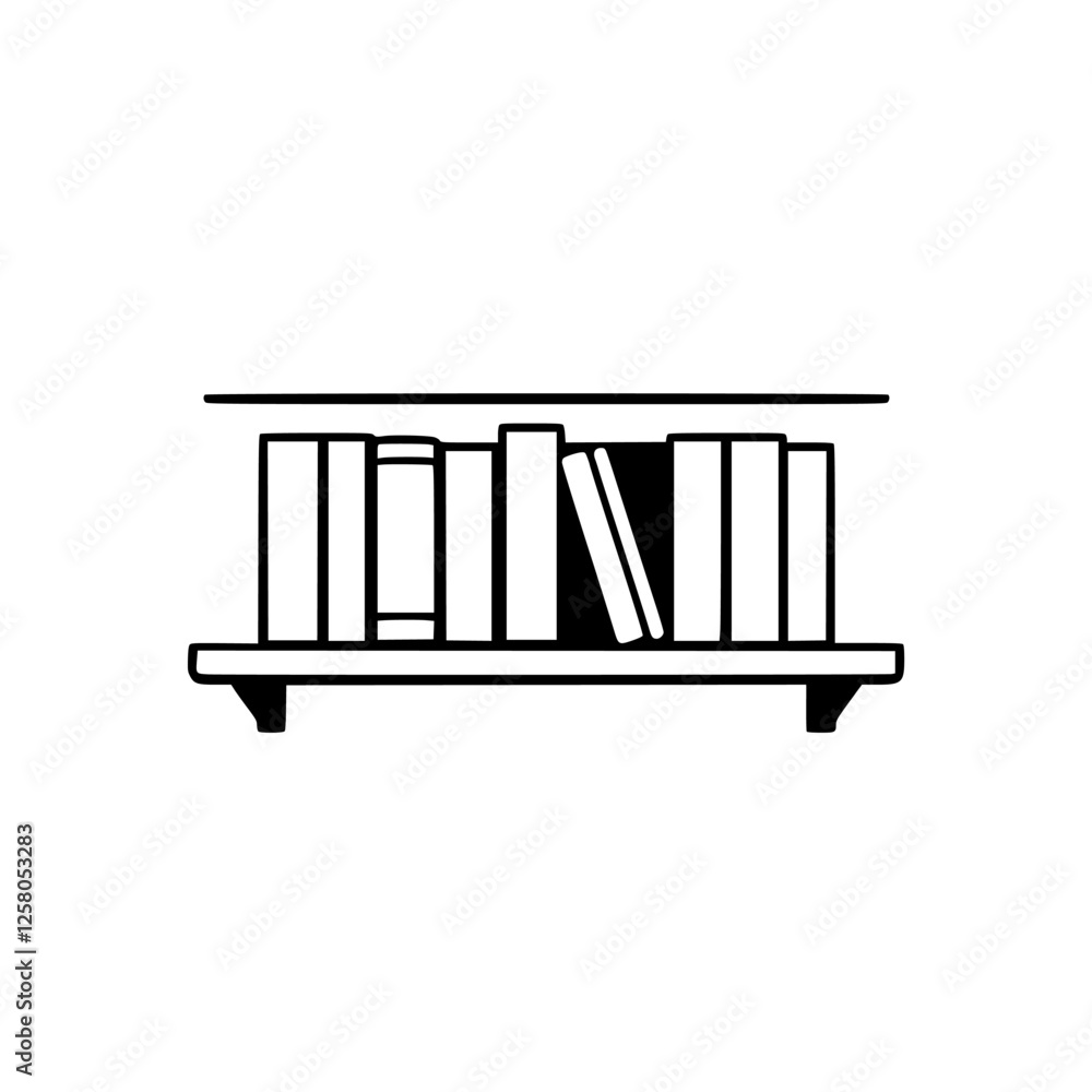 Minimalist black and white bookshelf with books, clean style, isolated on white background, line art illustration. Minimalist black and white bookshelf with books, clean style, isolated on white background, line art illustration.