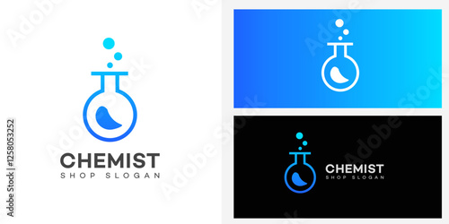 Modern gradient blue chemistry flask logo with internal liquid and bubbles, perfect for science, pharmacy, or laboratory branding and shop slogans.