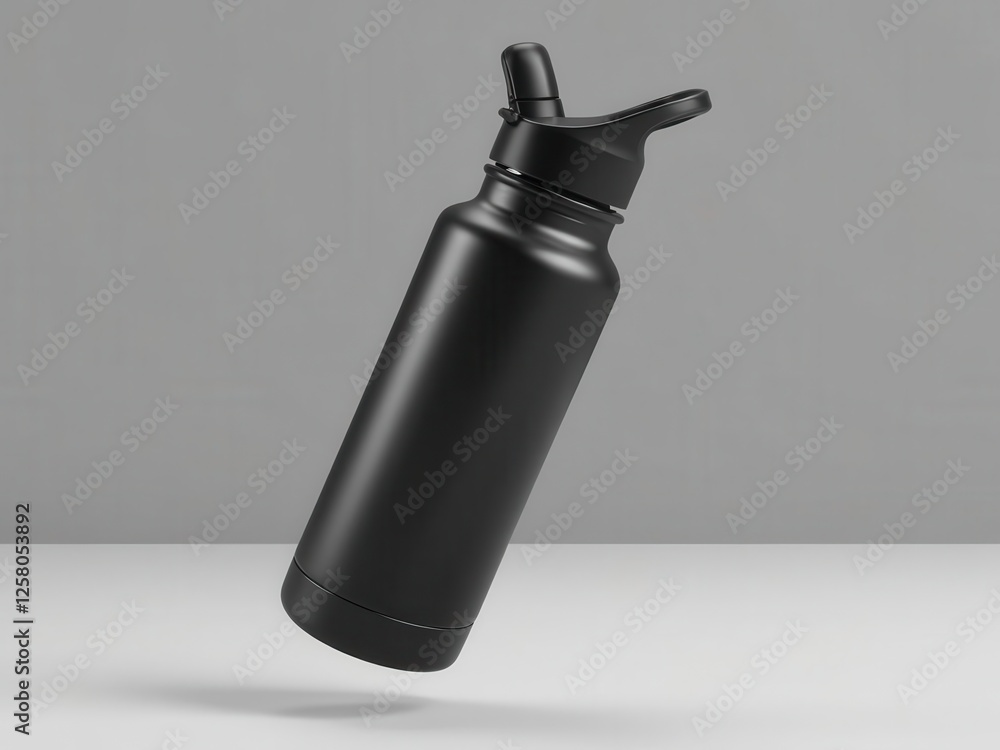 Fototapeta premium A sleek black water bottle against a minimalist gray background.