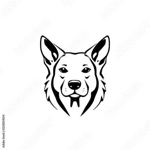 Minimalist dog portrait showing a corgi's head, black and white, in profile, showing the head of the dog, with high contrast.