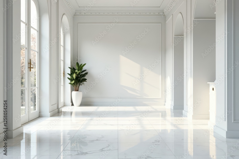 Fototapeta premium Elegant marble tile floor, pristine white walls , minimalist, pattern