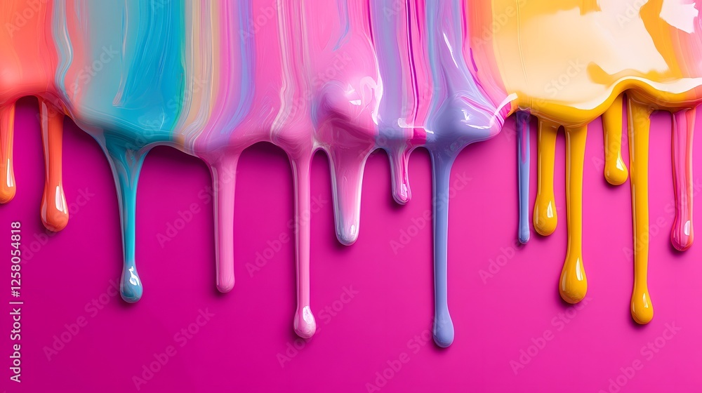 Naklejka premium Colorful Paint Drips on Vibrant Pink Background Abstract Art