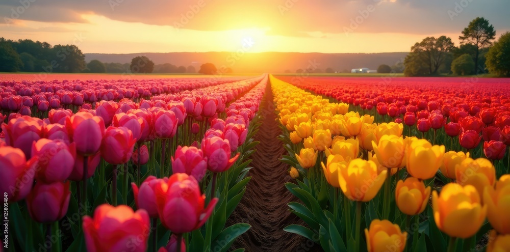 Obraz premium Tulip and mimosa fields stretching towards sun, flora, blooming