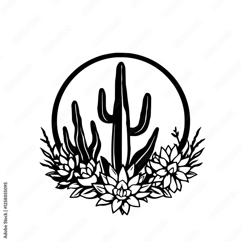 Fototapeta premium Black and White Cactus with circle, plants and Flowers.