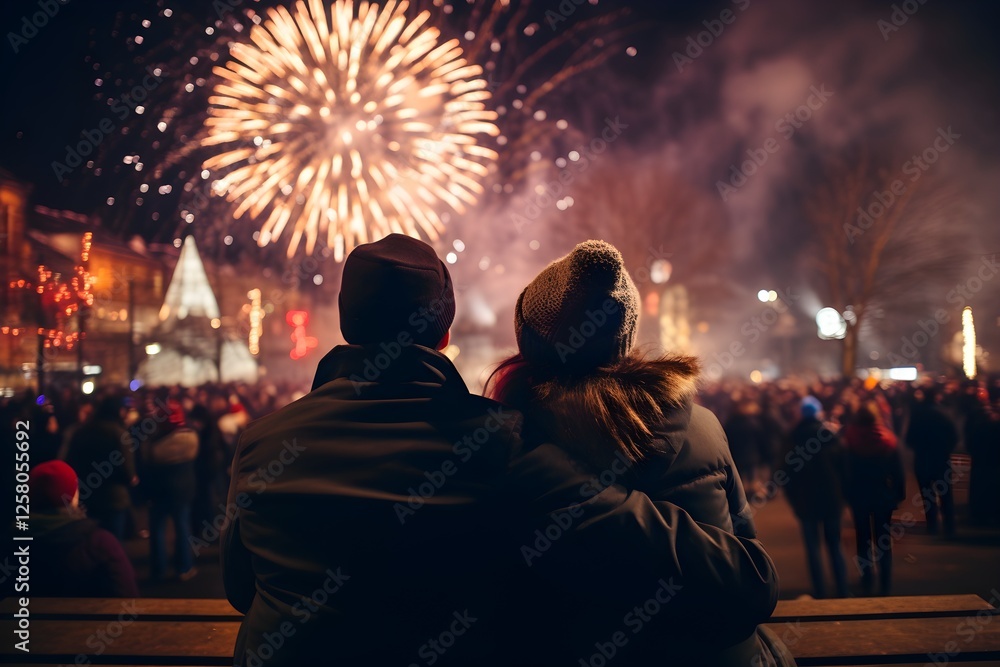 Obraz premium Romantic Couple Watching Fireworks Display at Night in City