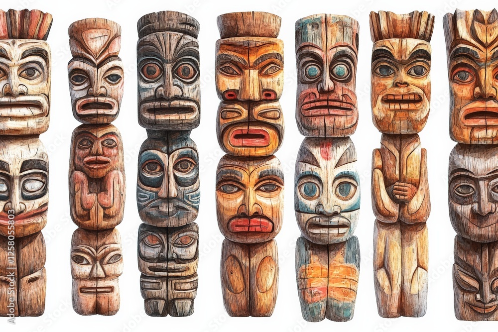 Fototapeta premium Intricate wooden totem poles display cultural artistry in vibrant colors and unique designs