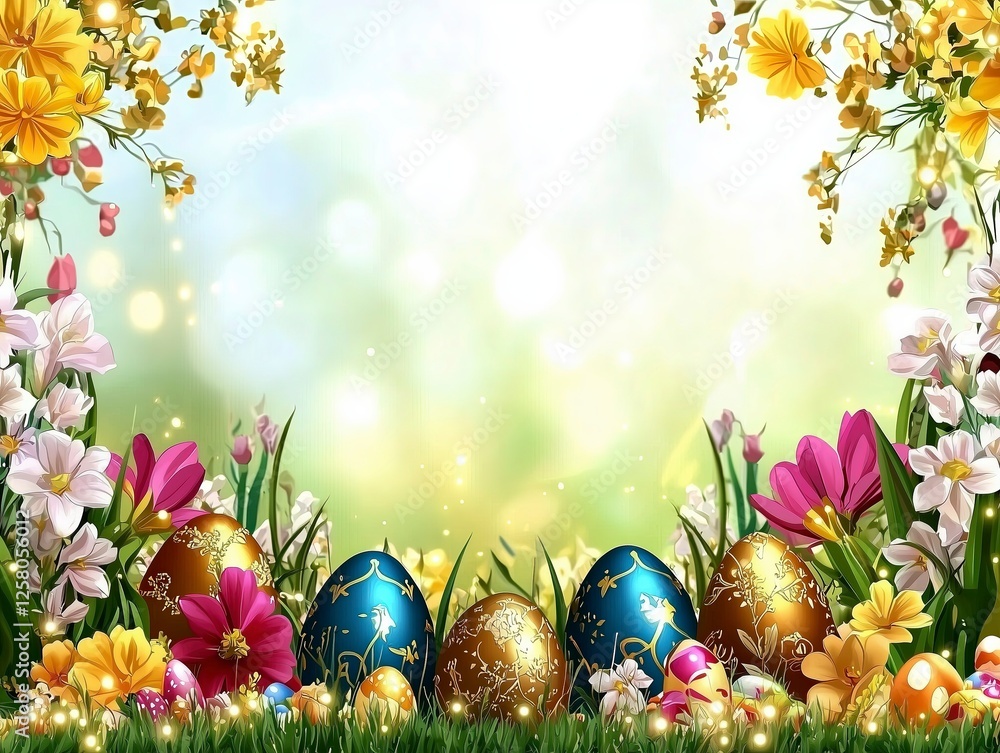 Colorful Easter eggs surrounded by flowers on a bright, sunny background. Colorful Easter eggs surrounded by flowers on a bright, sunny background.