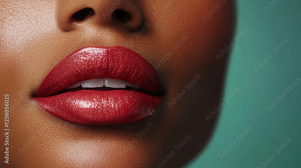 Obraz premium This close-up image beautifully showcases glossy, bold lips on a smooth skin surface, reflecting light and exuding allure, power, and beauty through its artistic presentation.