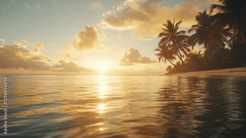 Sunset over calm ocean waters with palm trees along a serene beach in a tropical location. Generative AI Sunset over calm ocean waters with palm trees along a serene beach in a tropical location. Generative AI