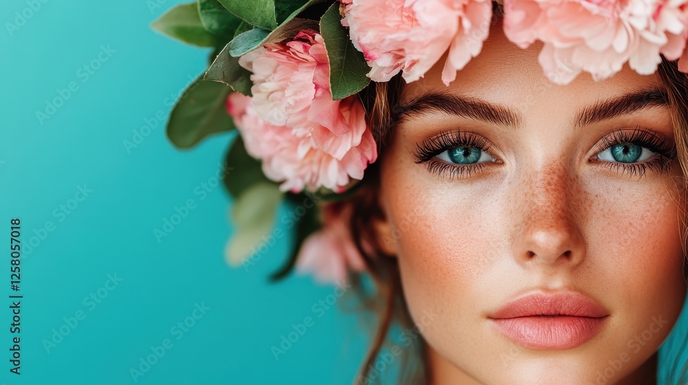 A stunning close-up image of a beautiful woman wearing a floral headpiece, showcasing her striking features against a refreshing turquoise background. A stunning close-up image of a beautiful woman wearing a floral headpiece, showcasing her striking features against a refreshing turquoise background.