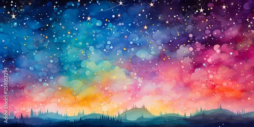 Obraz Kolorowe nocne niebo nad sylwetkami, ilustracja