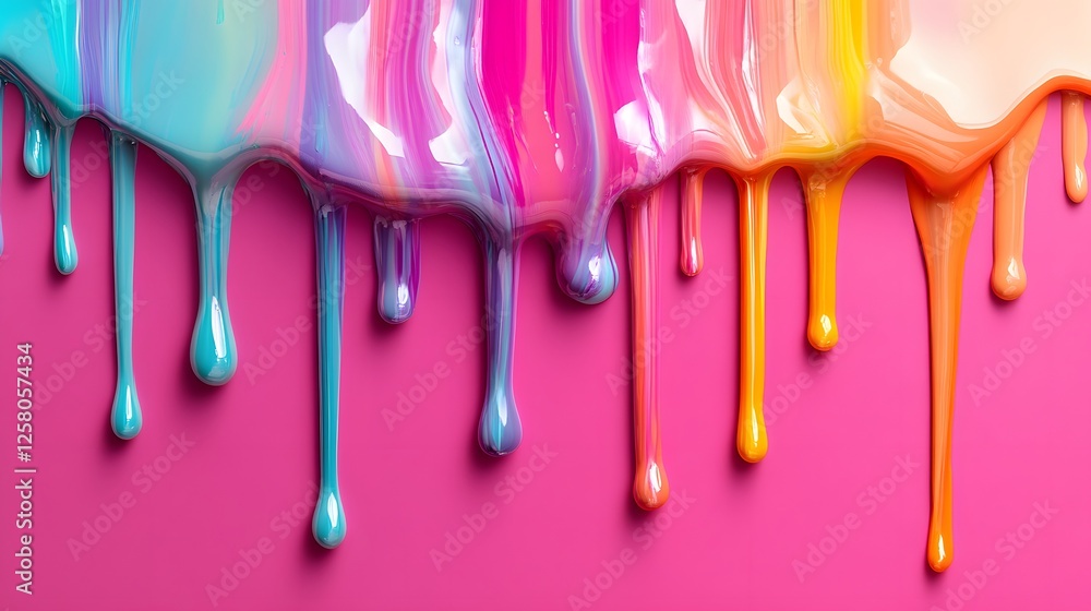 Colorful Liquid Dripping Paint on Pink Background in Abstract Style Colorful Liquid Dripping Paint on Pink Background in Abstract Style