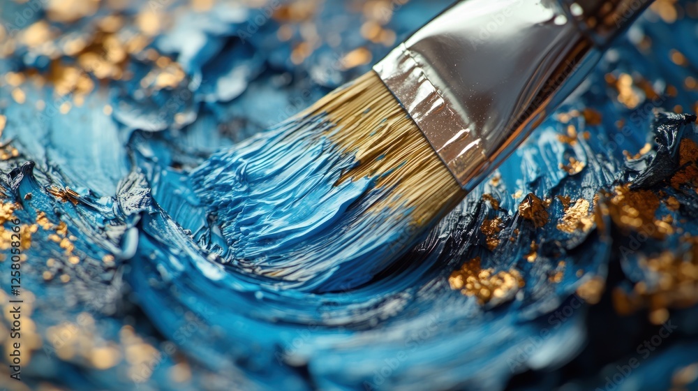 Fototapeta premium Blue paint, gold leaf, brushstrokes, artistry.