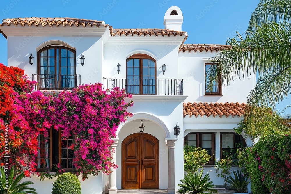 Fototapeta premium Charming mediterranean villa with vibrant bougainvillea
