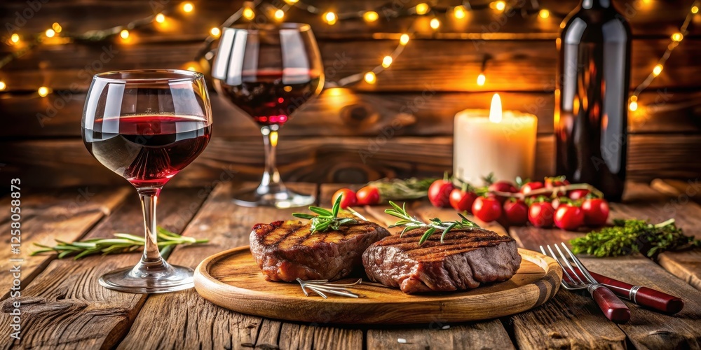 Cozy dinner for two with grilled steaks and red wine on a wooden table Cozy dinner for two with grilled steaks and red wine on a wooden table