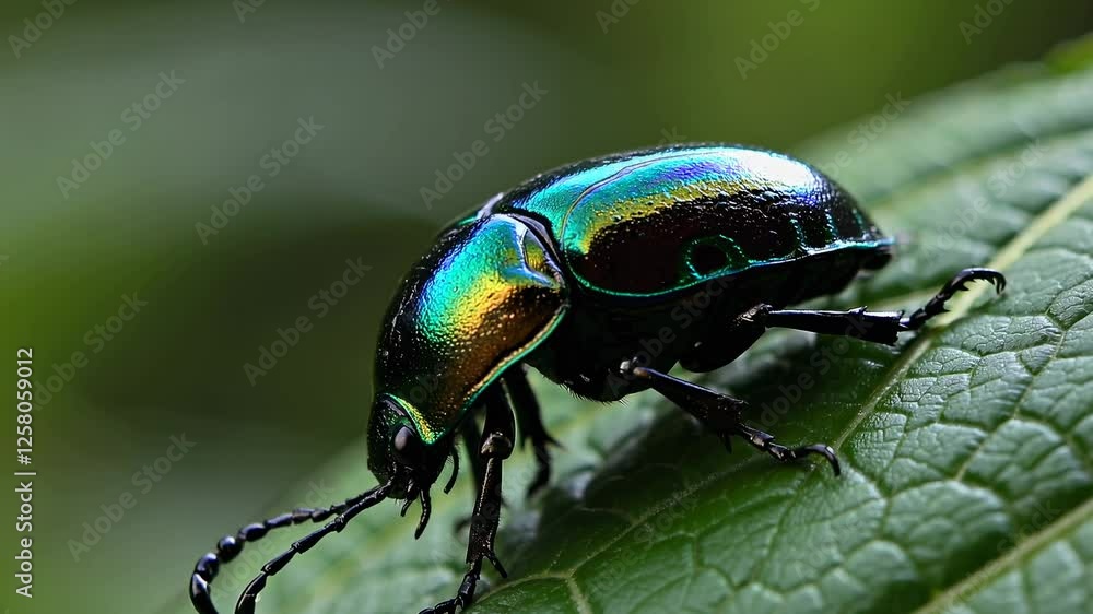 Close-up video of a vibrant beetle on a leaf, showcasing its iridescent colors. Shot from a low angle, emphasizing the beetle's glossy texture. Close-up video of a vibrant beetle on a leaf, showcasing its iridescent colors. Shot from a low angle, emphasizing the beetle's glossy texture.